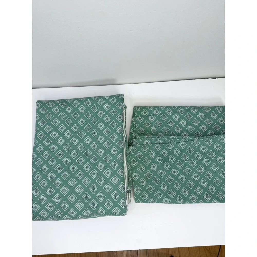 Vintage Scandia Down 3pc Sheet Set Queen Green Geometric Striped USA Made Cotton